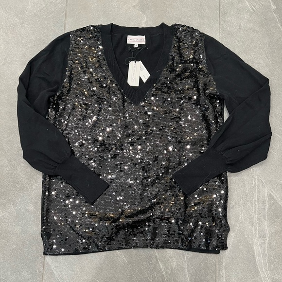 CARYN VALLONE NWT Black cotton & sequin V neck sweater size medium - Picture 2 of 9